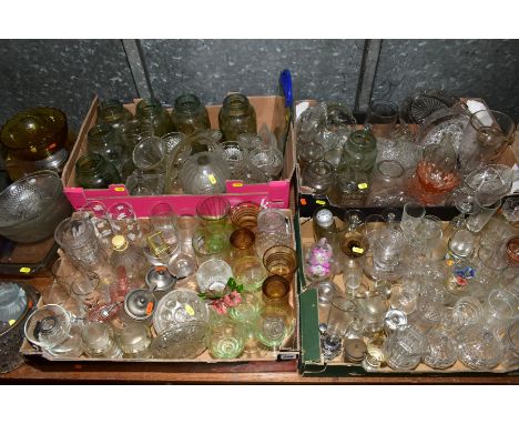 FOUR BOXES AND LOOSE OF GLASSWARE, including wine glasses, champagne flutes, water glasses, pressed glass, wheel etched, face