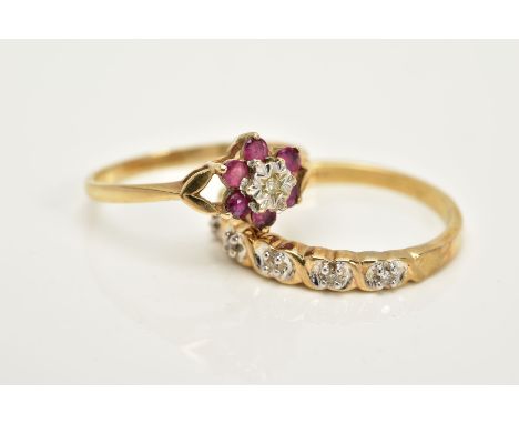 A 9CT GOLD RUBY AND DIAMOND CLUSTER RING AND A DIAMOND HALF ETERNITY RING, the ruby and diamond cluster designed with a singl