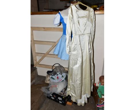 A CIRCA 1970'S CREAM WEDDING DRESS AND VEIL, together with a Fiorelli handbag, Berghams and MTB walking shoes, size 6 and 5.5