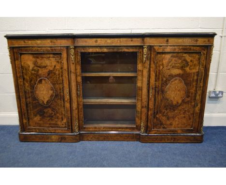 A VICTORIAN INVERTED BREAKFRONT BURR WALNUT CREDENZA, ebonised moulded top edge, inlaid marquetry frieze and detailed boxwood