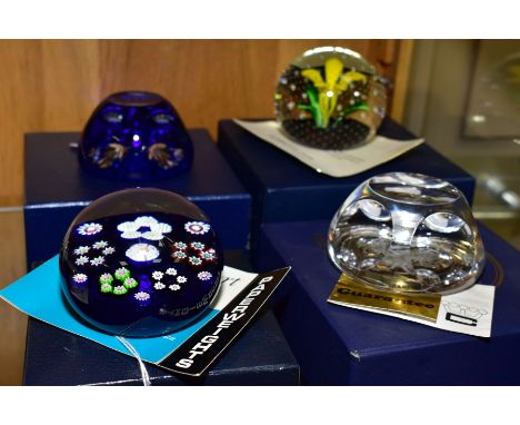 FOUR BOXED GLASS PAPERWEIGHTS, comprising Paul Ysart, Milliefiori, two Webb Corbett one depicting Spider and Web and a Caithn