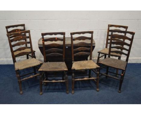A GEORGIAN OAK GATE LEG TABLE, extended width 14cm x closed width 47cm x depth 112cm x height 73cm, and a set of six ladder b