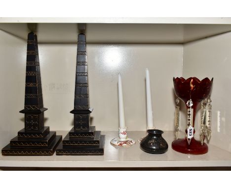 A PAIR OF LATE VICTORIAN EBONISED WOODEN DESK OBELISKS, height 38.5cm, together with a Victorian ruby glass lustre with clear