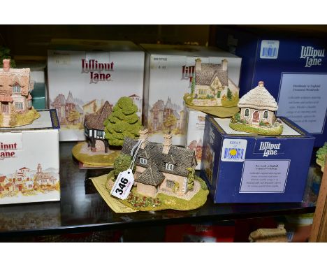 THIRTEEN BOXED LILLIPUT LANE SCULPTURES, all with deeds comprising three from Midlands 'Bow Cottage, 'Tillers Green' and 'Rob