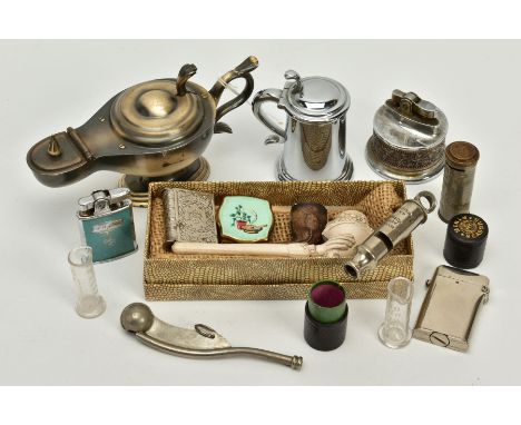 A SELECTION OF SMOKING RELATED ITEMS AND OTHERS, to include a 'Dunhill' tankard table lighter, a 'Dunhill' Aladdin's lamp tab