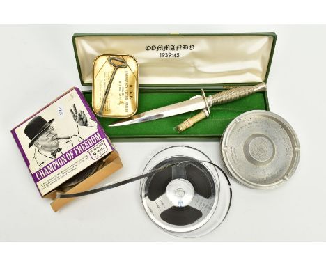 A BOXED REPLICA OF A WWII FAIRBURN SYKES COMMANDO DAGGER, by Wilkinson Sword, an alloy ash tray RAF Battle of Britain, from a