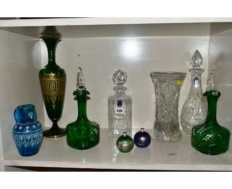 GLASSWARE AND PICTURES to include a blue Bohemian water jug with white enamel and gilding, pair of green decanters with white