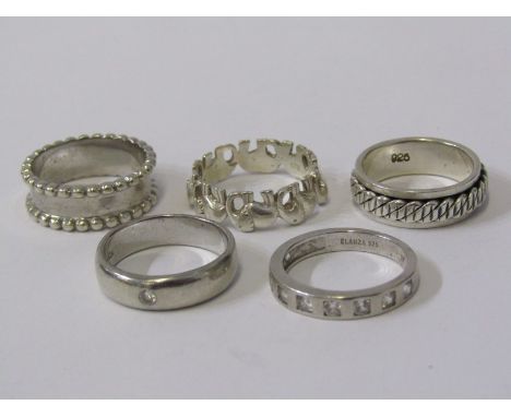 SILVER RINGS, selection of 5 silver rings including silver spinner, silver trunk to tail elephants, stone set, etc 