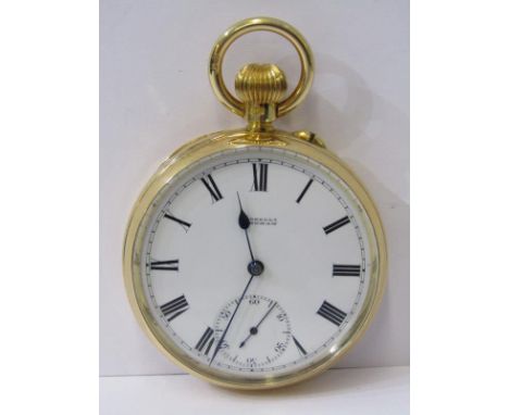 OPEN FACED 18ct YELLOW GOLD POCKET WATCH, top wind with pin set movement, subsidiary second hand dial, Chester HM 1905, maker