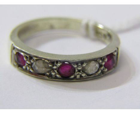 9ct WHITE GOLD RUBY &amp; DIAMOND HALF ETERNITY STYLE RING, 3 principal brilliant cut rubies, seperated by rose cut diamonds,