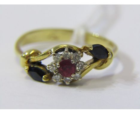 18ct YELLOW GOLD RUBY SAPPHIRE &amp; DIAMOND CROSS OVER RING, principal ruby surrounded by brilliant cut diamonds with sapphi