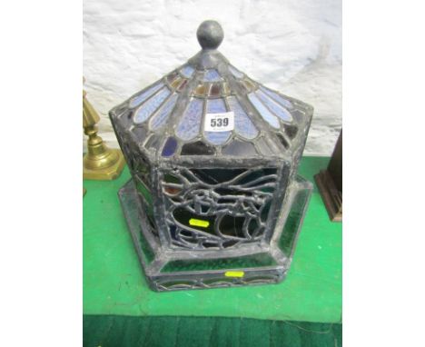 LEADED GLASS LIGHT SHADE, a coloured glass hexagonal shade, 33cm width 