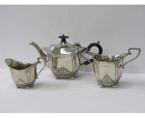 BATCHELOR SILVER TEA SET, 3 piece silver tea set, teapot with fluted decoration on bun feet, with ebony handle and finial wit