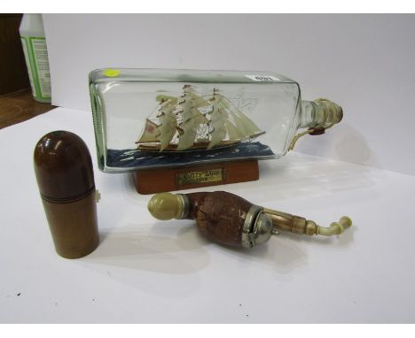 MARITIME, model Cutty Sark ship in bottle, also treen thimble and bobbin holder, and Austrian carved pipe 