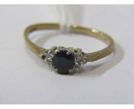 SAPPHIRE & DIAMOND RING, 9ct yellow gold ring, set a central oval sapphire with diamond shoulders, size J/K