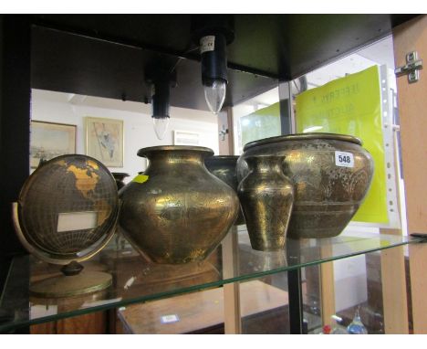 EASTERN METALWARE, Benares brass jardiniere, 3 small brass vases and contents of shelf 