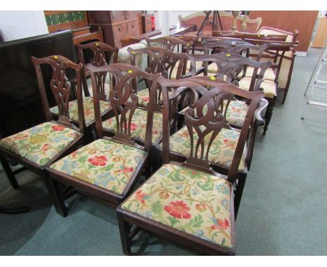 CHIPPENDALE DESIGN DINING CHAIRS, 8 pierced splat back chairs, including pair of carvers with foliate carved arm supports and
