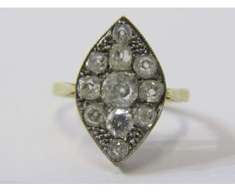 YELLOW GOLD, tests high carat, diamond cluster ring, marquise shape cluster, mixed old and brilliant cut diamonds, totalling 