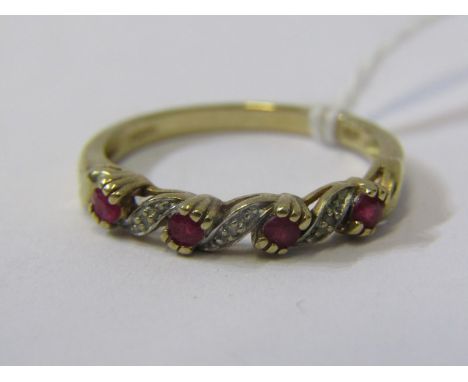 9ct YELLOW GOLD RUBY &amp; DIAMOND ETERNITY STYLE RING, 4 principal brilliant cut rubies, each seperated by accent brilliant 