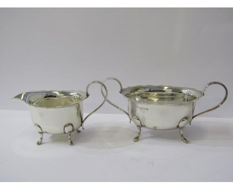 SILVER CREAM JUG &amp; SUCRIER, by O &amp; B Limited, on 4 raised feet, Birmingham HM 1936, 395 grams total 