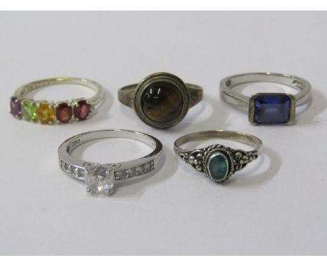 SILVER DRESS RINGS, 5 silver stone set dress rings, various sizes &amp; designs including 1 opal 