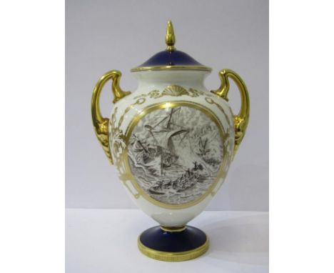 ROYAL WORCESTER limited edition RNLI twin gilt handled lidded 1974 Centenary vase, 20cm height 