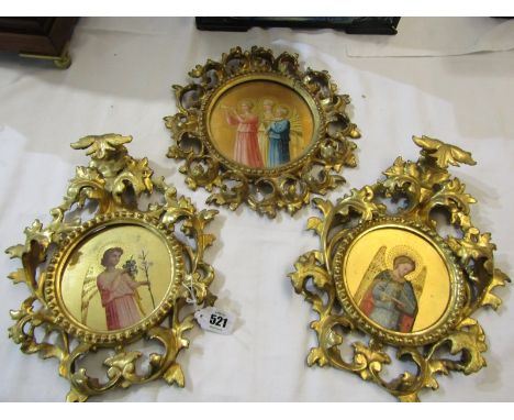 ANTIQUE GILT WOOD FRAMES, pair of Florentine foliate design frames by Schwicker enclosing gallery replica portraits of angels