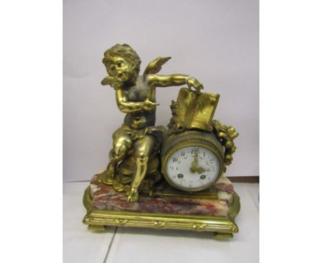 FRENCH MANTEL CLOCK, coloured marble base ormolu mantel clock, with amorini cresting with French cylinder movement (no pendul