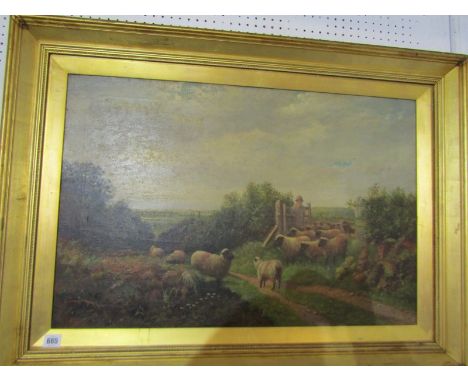 FRED CARLTON, signed painting on canvas "Shepherd herding Sheep through gateway", 50cm x 75cm 