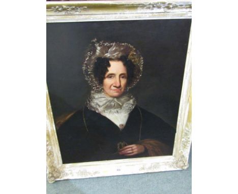 18TH CENTURY PORTRAIT, oil on re-lined canvas of a lady in floral bonnet with dark cape holding a gilt necklace, 74cm x 60cm 