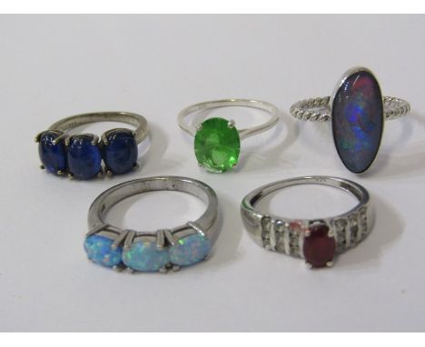 SILVER RINGS, selection of 5 silver rings including faux opal, various sizes 