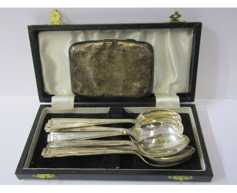 SILVER TEASPOONS, set of 6 Art Deco style silver teaspoons, Sheffield 1920: also a HM silver cigarette case, a/f, 171 grams t