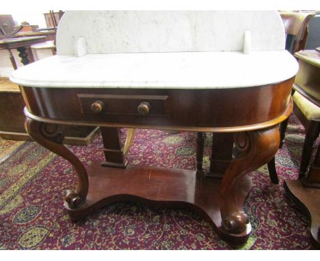 VICTORIAN MARBLE TOP WASHSTAND, mahogany veneered white marble top washstand fitted a lower shelf 110cms width 