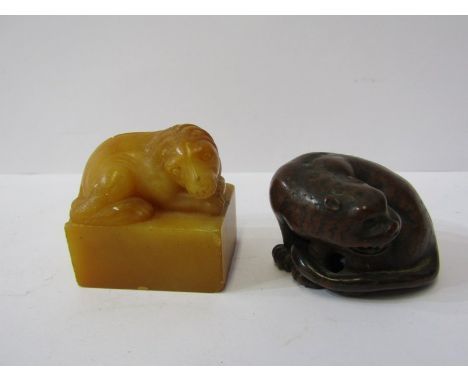 JAPANESE NETSUKE, signed fruitwood netsuke of Otter; also animal crested carved soapstone seal 