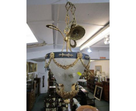 LIGHTING, a cut glass and ornate gilt mounted hanging light fitting 