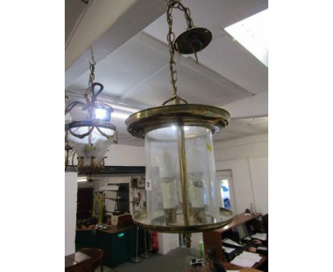 LIGHTING, a brass surround triple light hanging lantern 