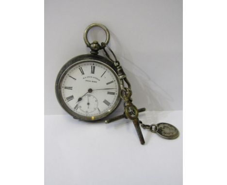 SILVER CASED POCKET WATCH, with key, T bar and coin fob, untested condition 