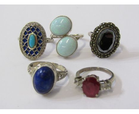 SILVER RINGS, selection of 5 silver rings, stoneset including reformed opal, lapis, turquoise, etc 