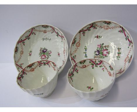 NEWHALL, pair of spiral fluted famille rose tea bowls and saucers, pattern no 124 