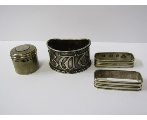 SILVER NAPKIN RINGS &amp; PILL BOX, circular silver pill box with engine turned decoration with gilt interior, pair of London