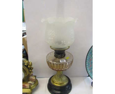 ANTIQUE OIL LAMP, brass circular base oil lamp with cut glass reservoir and frosted glass crinoline shade, 46cm height 