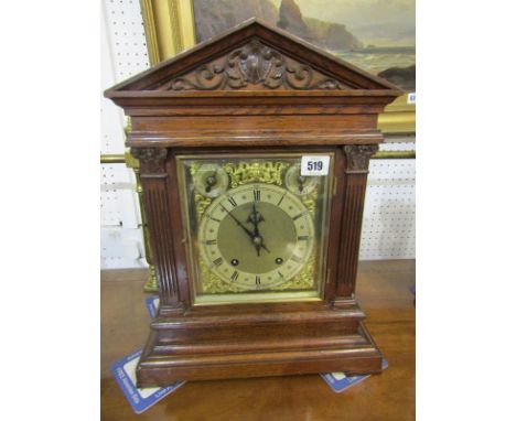 EDWARDIAN CARVED OAK BRACKET CLOCK, architectural design with coiled bar striking movement by Winterhalder &amp; Hofmeier, 41