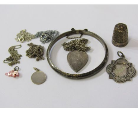 SILVER &amp; WHITE METAL JEWELLERY, silver hinged bangle, silver medallion, heart shaped pendant on finelink chain, etc
