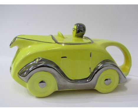 NOVELTY TEAPOT, yellow and silver lustre racing car teapot, 21cm length 