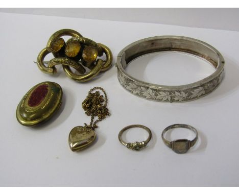 COSTUME JEWELLERY, vintage rolled gold locket, stone set bar brooch, silver gilt ring, silver hinged bangle with foliate deco