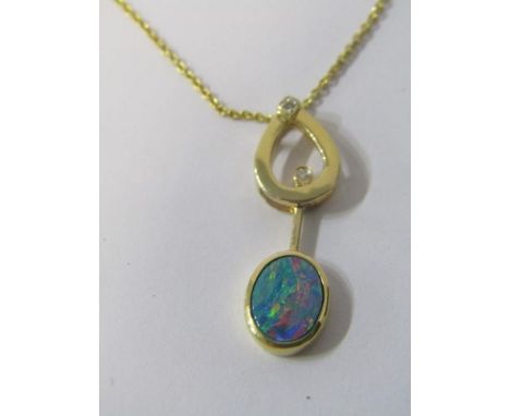 9ct YELLOW GOLD OPAL &amp; DIAMOND PENDANT, on 9ct yellow gold chain, black opal pendant with good saturation of colour, floa