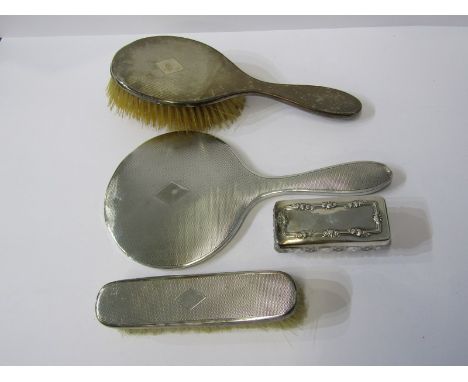 SILVER DRESSING TABLE SET, silver 3 piece dressing table set, with engine turned decoration, Birmingham HM, 1934, also a silv