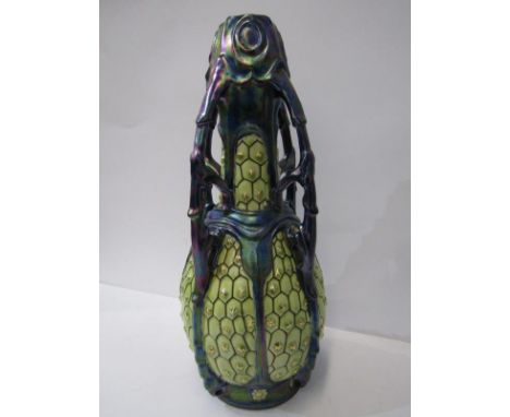 ART NOUVEAU Continental lustre ceramic 4 handled vase, impressed base mark "11384", 33cm height 