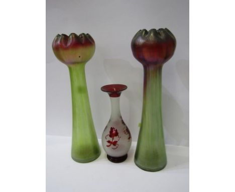 ART NOUVEAU GLASSWARE, pair of Loetz-style tapered stem tulip vases, 33cm height, together with Bohemian ruby cased 20cm vase