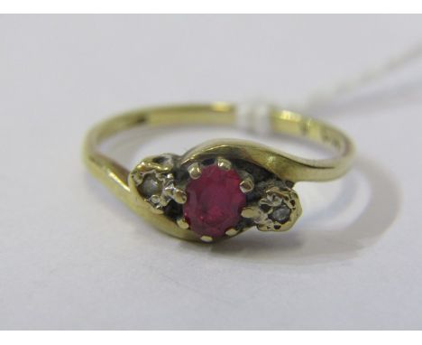 9ct YELLOW GOLD CREATED RUBY &amp; DIAMOND 3 STONE RING, size K/L 